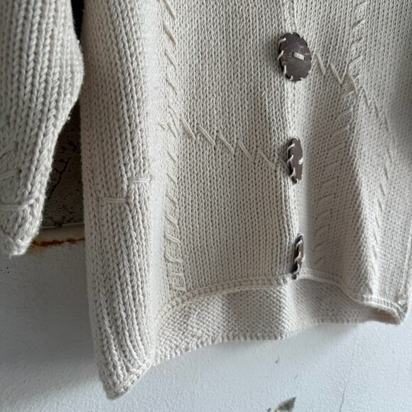 Handknit Cardigan Womens S/M Ivory Cotton Chunky Knit Sweater Oversized Buttons - Picture 3 of 7